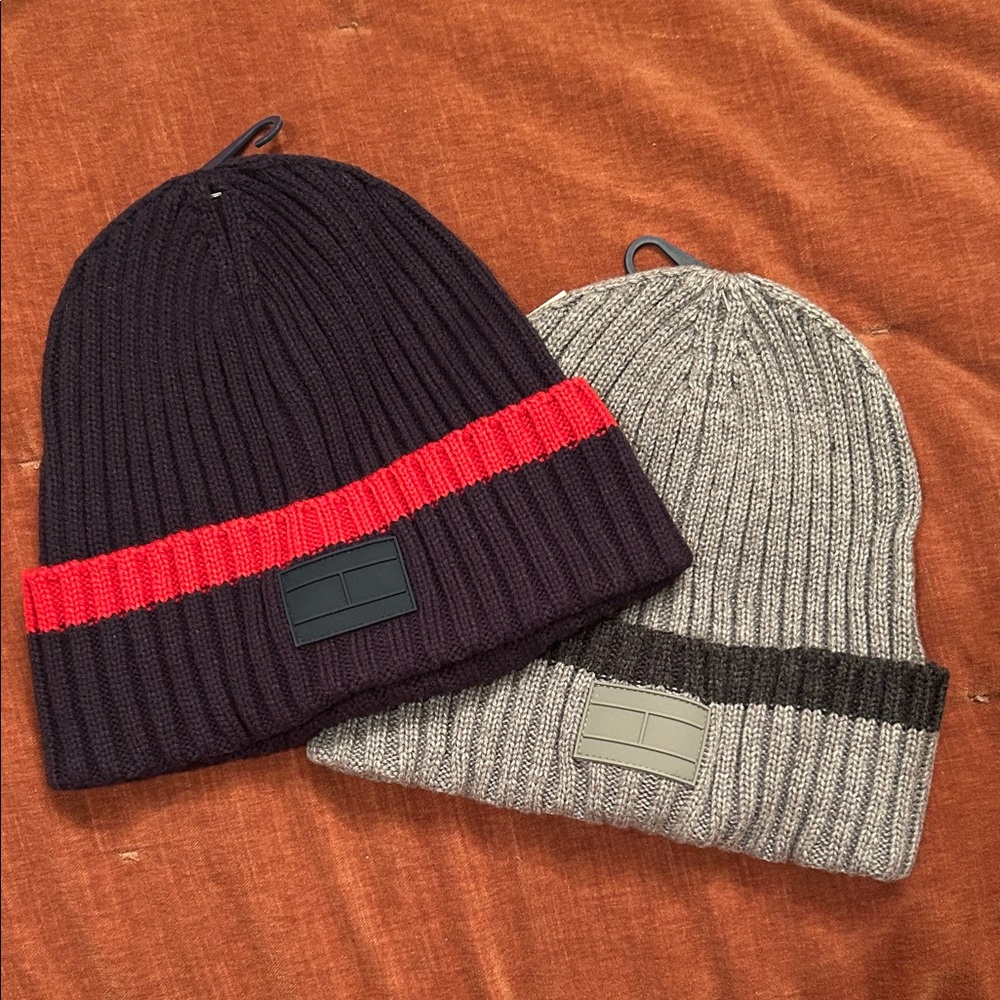 Tommy Hilfiger Ribbed Knit Beanies - Red and Gray